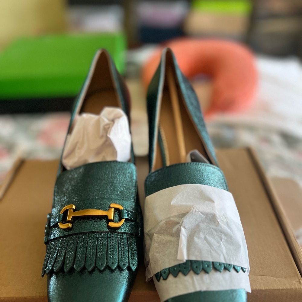 Boden Shimmering Green Block Heels